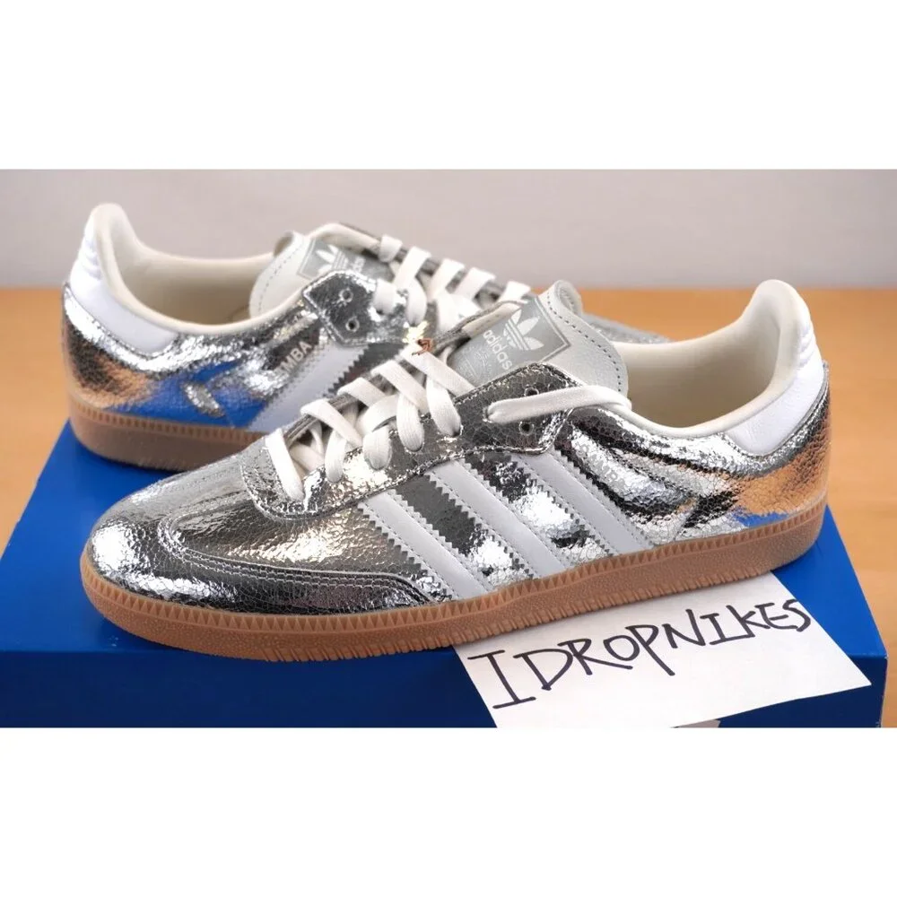 Adidas Samba OG Silver Metallic Cracked Leather Women's Shoes - Picture 1 of 11